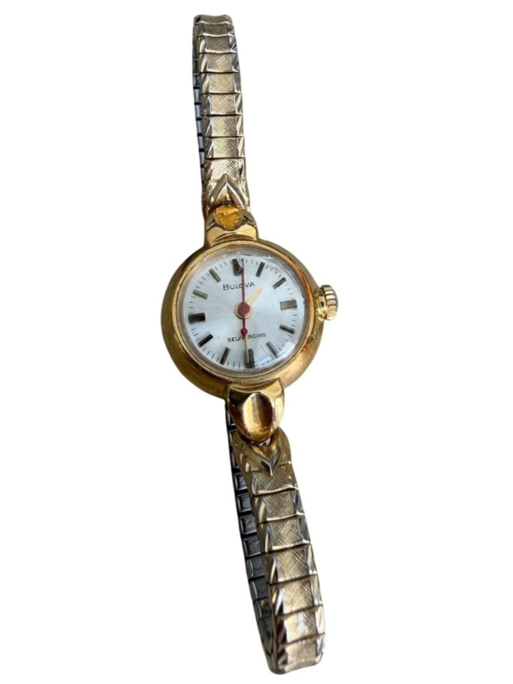 Vintage Ladies Bulova Working Self Winding Watch Stretch Band 18k gold case
